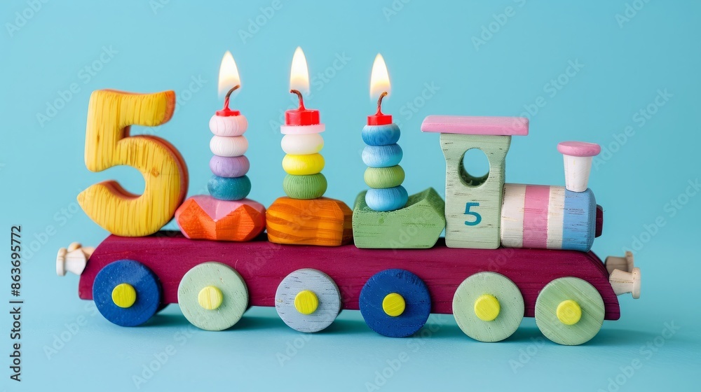 Wooden colorful toy train with Happy Birthday candles and number 5, on blue background Wooden colorful toy train with Happy Birthday candles and number 5, on blue background
