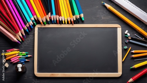Educational Supplies for Creative School Projects and Learning Tools on a Blackboard with Colorful Pencils, Notepad, and Coffee