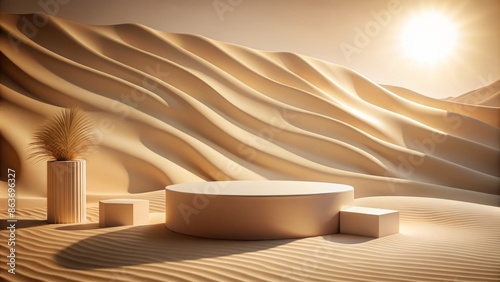 Luxurious beige podium display on desert sand dune backdrop, modern minimal pedestal for showcasing beauty cosmetic products, warm sun shadow, summer studio 3d render. photo