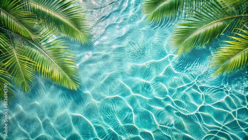 Serenity-filled top-view image featuring wavy, transparent tropical water with abstract texture, adorned with palm leaves, perfect for spa and wellness themes, with ample copy space. © DigitalArt Max