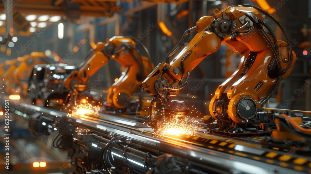Automated robotic arms working on an assembly line in a high-tech factory, emitting sparks during manufacturing process. Automated robotic arms working on an assembly line in a high-tech factory, emitting sparks during manufacturing process.