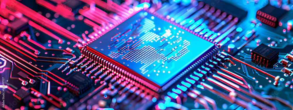 Computing processor, CPU, microchip, and electronic circuit board. Advanced technology conceptual background