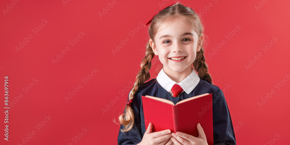 Schoolgirl girl holding book and smiling on red solid background Schoolgirl girl holding book and smiling on red solid background