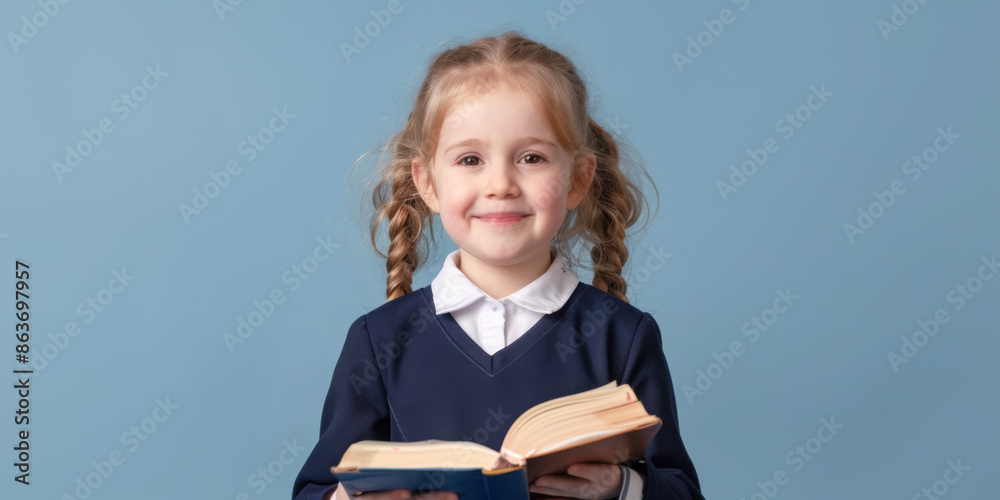 Schoolgirl girl holding book and smiling on blue solid background Schoolgirl girl holding book and smiling on blue solid background