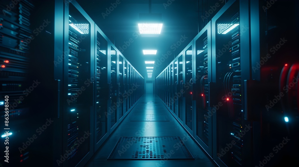 Futuristic Data Center Management:Rows of Server Racks,High-Performance Computing Hardware,and Complex Cyberpunk-Inspired Cabling Futuristic Data Center Management:Rows of Server Racks,High-Performance Computing Hardware,and Complex Cyberpunk-Inspired Cabling
