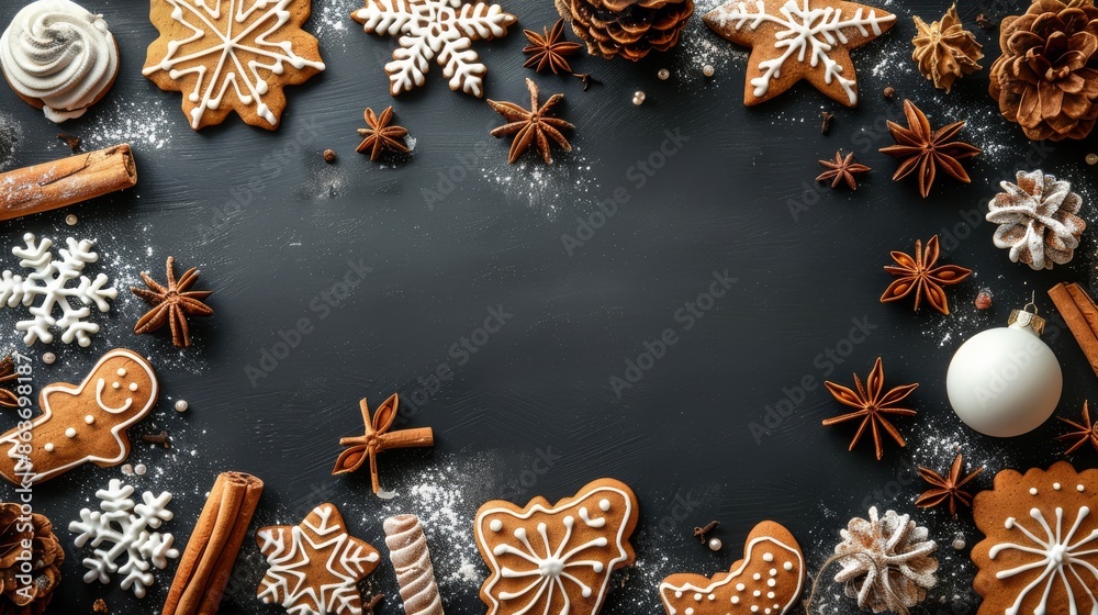 Fototapeta premium Sweet gingerbread cookies with white icing for Christmas on a black background. Cookies decorated with powdered sugar, fir branches and cinnamon. New Year card with space for text.