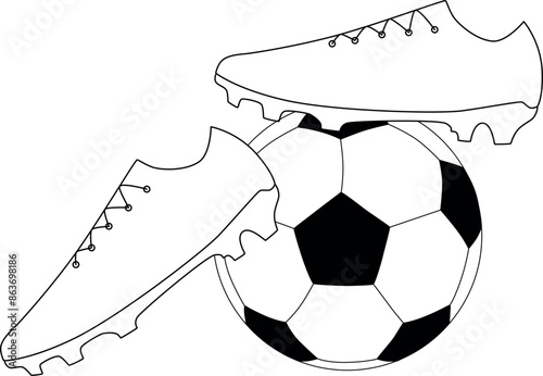 Soccer ball with shoes set icons. Vector stock illustration isolated on white background for design template football game and championship. Editable stroke line. 