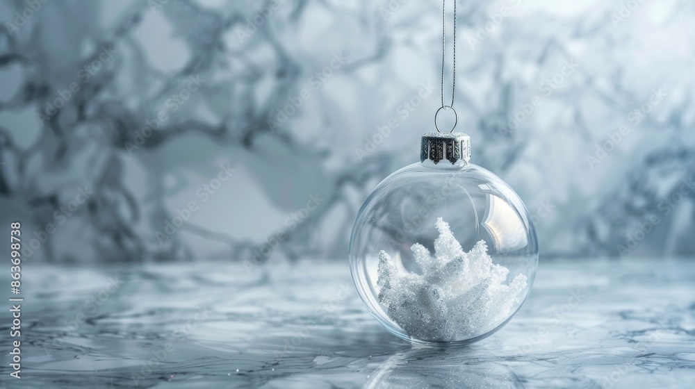 A transparent glass Christmas ball hangs on a fir branch on a white background. Postcard or advertisement for a winter decor store. Space for text. A transparent glass Christmas ball hangs on a fir branch on a white background. Postcard or advertisement for a winter decor store. Space for text.