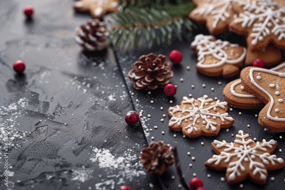 Scandinavian Christmas gingerbread with white icing in the shape of snowflakes and balls. Advertising of Christmas and New Year baking. Card for family or New Year with sweet cookies.