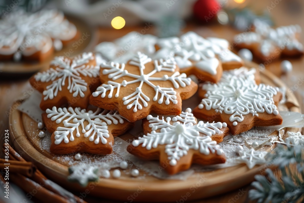 Scandinavian Christmas gingerbread with white icing in the shape of snowflakes and balls. Advertising of Christmas and New Year baking. Card for family or New Year with sweet cookies. Scandinavian Christmas gingerbread with white icing in the shape of snowflakes and balls. Advertising of Christmas and New Year baking. Card for family or New Year with sweet cookies.