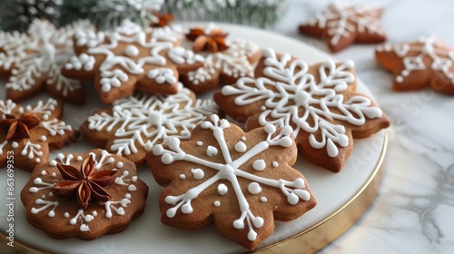 Scandinavian Christmas gingerbread with white icing in the shape of snowflakes and balls. Advertising of Christmas and New Year baking. Card for family or New Year with sweet cookies.