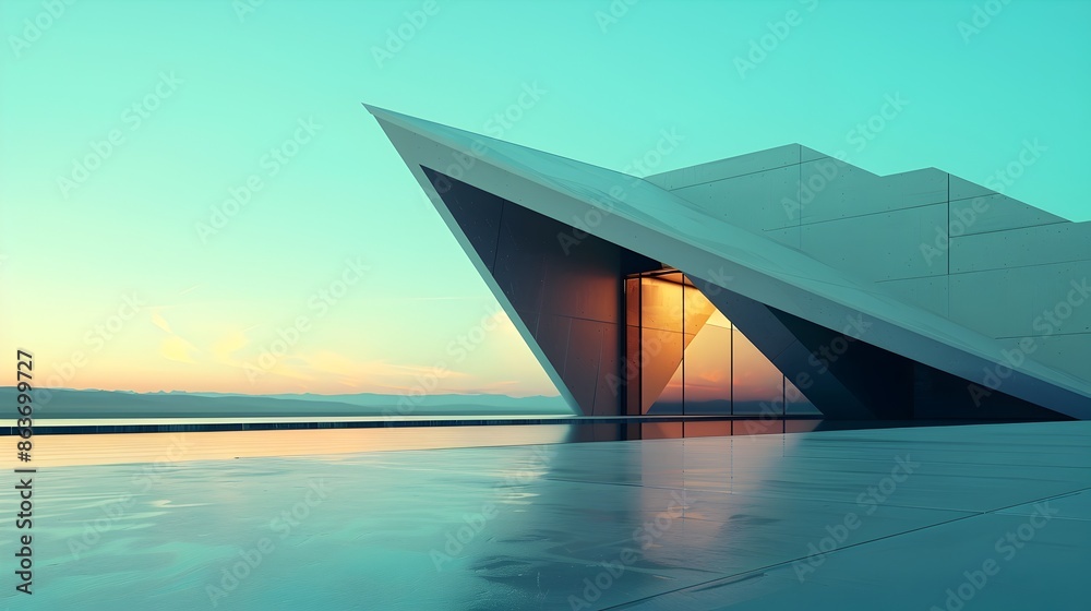 Fototapeta premium Modernist Architectural Building with Striking Angular Facade,Cinematic Lighting and Reflections