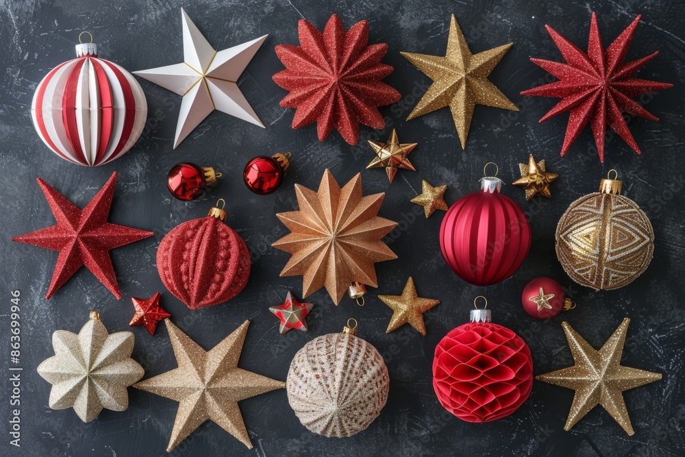 Multi-colored paper flowers and stars using the origami technique on a black background. Christmas paper decor lies on a chalk board. Bright pattern for the New Year. Desktop wallpaper. Multi-colored paper flowers and stars using the origami technique on a black background. Christmas paper decor lies on a chalk board. Bright pattern for the New Year. Desktop wallpaper.