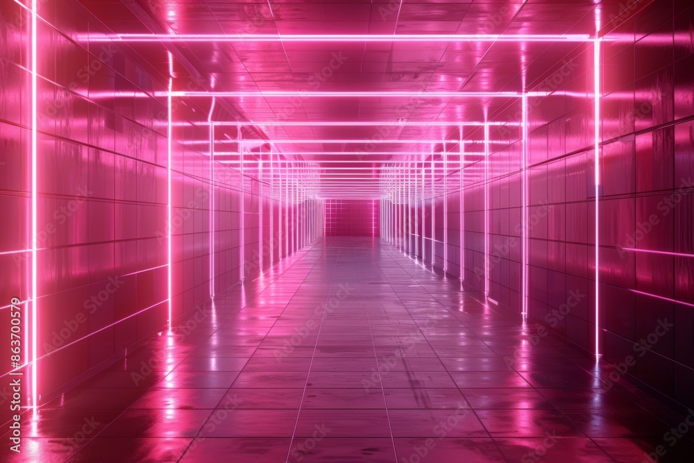 Futuristic pink neon corridor with reflective floor Futuristic pink neon corridor with reflective floor