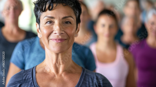 Smiling earopean adult female trainer stands against the background of a group of people photo