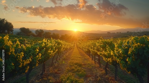 Beautiful vineyard sunset over rolling hills, with rows of grapevines bathed in golden sunlight, creating a serene and picturesque landscape.