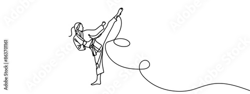 Single continuous line drawing young cute taekwondo woman doing kick pose in fight uniform with belt exercising martial art at gym