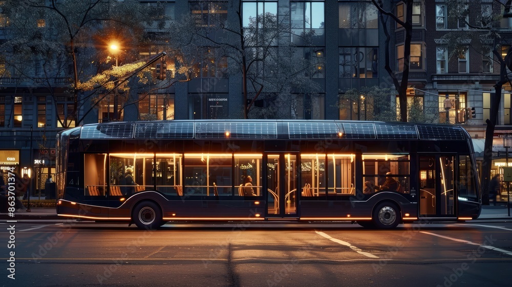 Obraz premium City bus illuminated at dusk in urban setting, showcasing modern transportation and public transit options. Evening bus ride.