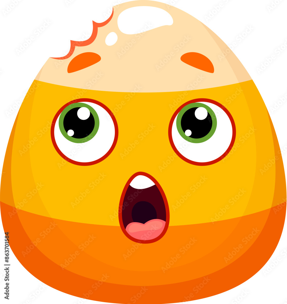 Cartoon Halloween corn emoji with a missing chunk, resembling a bitten-off seed of corn, adds a spooky twist to traditional autumn symbols. Isolated vector trick or treat emoticon with shocked face Cartoon Halloween corn emoji with a missing chunk, resembling a bitten-off seed of corn, adds a spooky twist to traditional autumn symbols. Isolated vector trick or treat emoticon with shocked face
