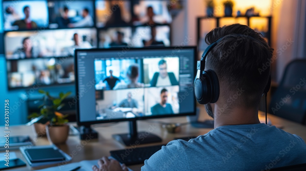 A person setting up a virtual meeting with multiple participants