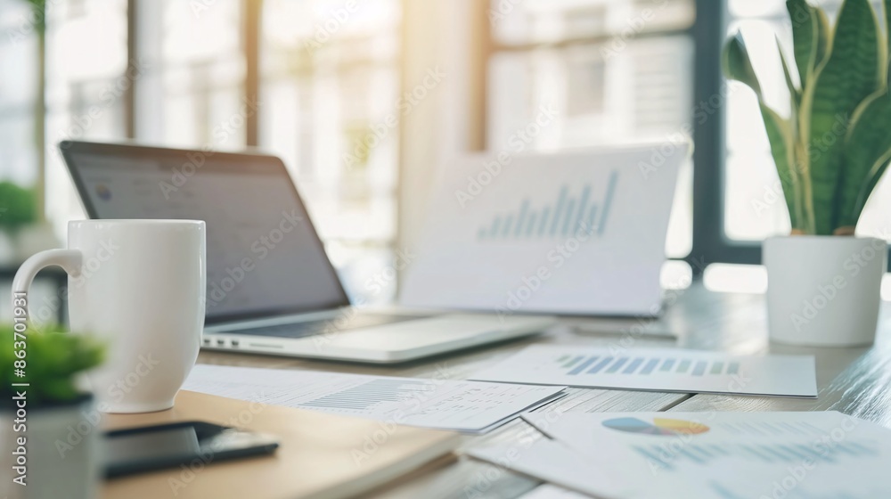 A desk with business growth documents and a laptop A desk with business growth documents and a laptop