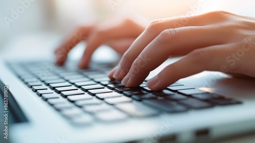 A close-up of hands typing on a keyboard with social media analytics