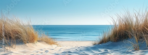  A sunny day at a sandy beach with grass protruding from the sand, and a distant body of water shimmering in the sunlight