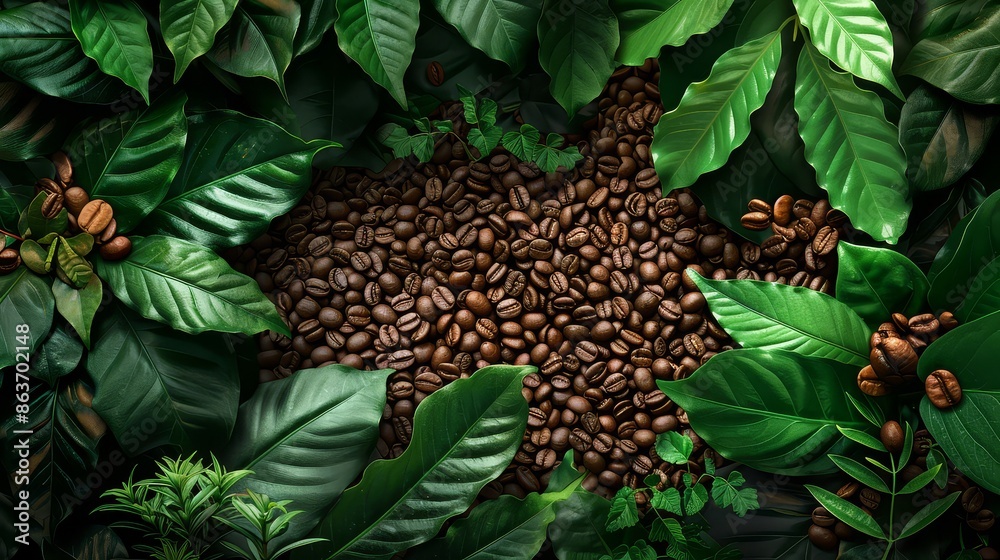 Obraz premium a background image of coffee beans with green leafs