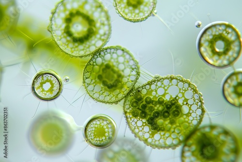 Microscopic Algae: Highlight the beauty of microscopic algae under a microscope.  photo