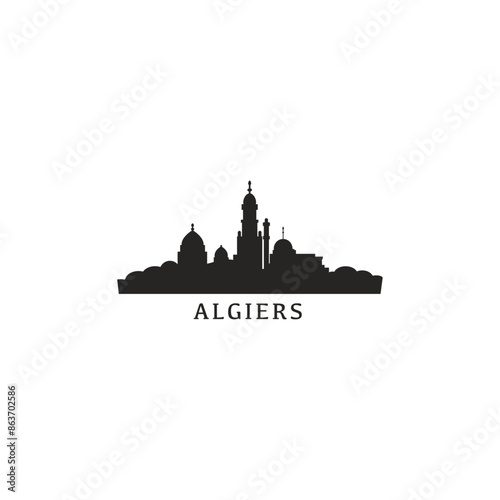 Algiers skyline, downtown panorama logo, logotype. Algeria capital city badge black contour, isolated vector pictogram with mosque, monuments, landmarks, palace