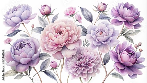 Delicate, dreamy, and whimsical illustration of peonies in soft purple, pink, and lavender hues, set against a transparent background, evoking elegance and sophistication.