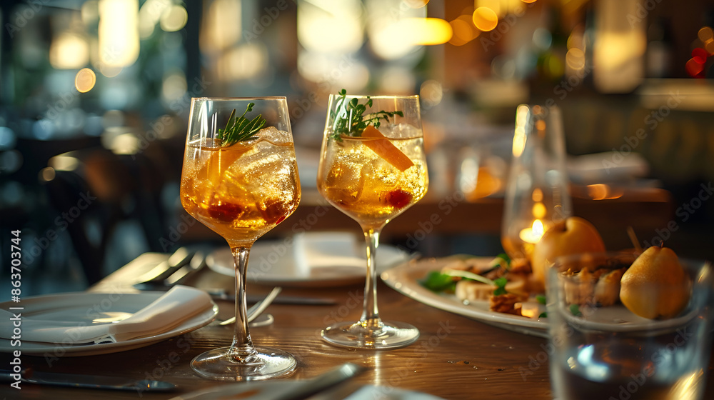 Two glasses of wine garnished with olives and lemon slices, placed on a table. Two glasses of wine garnished with olives and lemon slices, placed on a table.