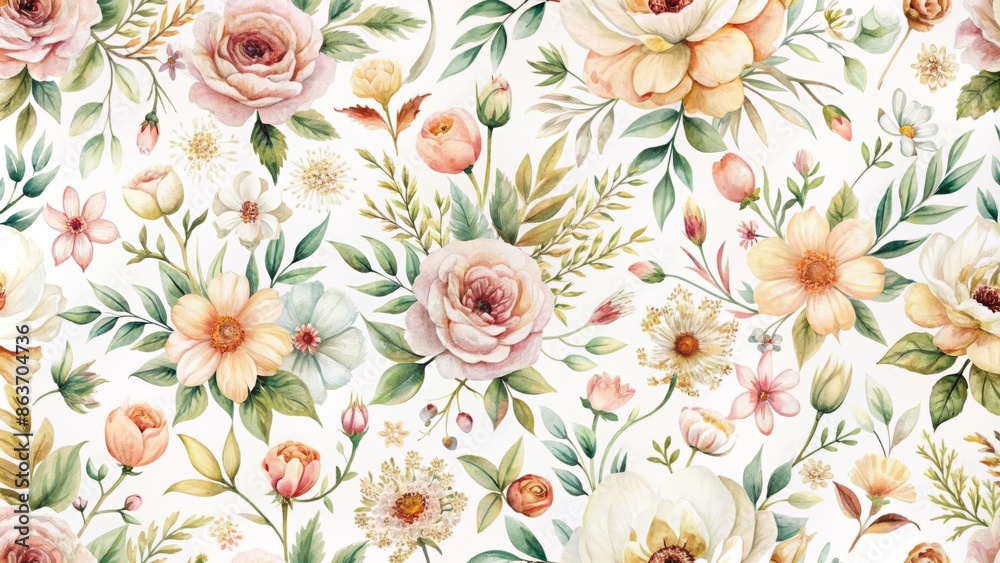 Elegant seamless pattern of dainty, neutral watercolor flowers on white background, featuring bright and cute colors, perfect for fabric, home decor, and wrapping designs. Elegant seamless pattern of dainty, neutral watercolor flowers on white background, featuring bright and cute colors, perfect for fabric, home decor, and wrapping designs.