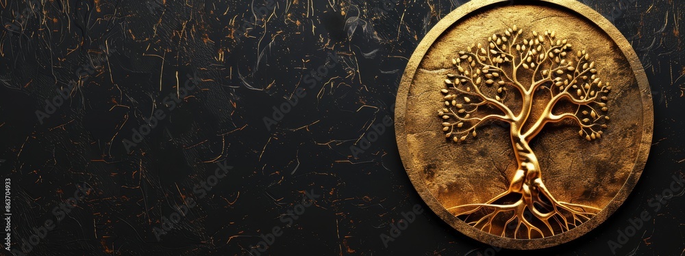Naklejka premium A golden tree of life against a black and gold background, encircled by a gold ring