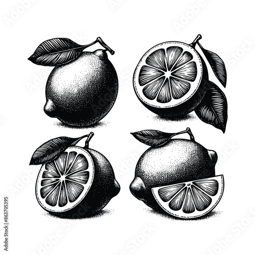 set of lemon illustration. hand drawn vintage  lemon black and white vector illustration  isolated white background