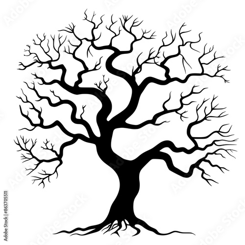 Spooky Leafless Tree Illustration, Minimalist black and white illustration of a spooky, leafless tree with twisted branches, creating an eerie and haunting visual effect.
