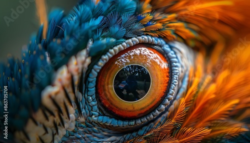 Close up of the eye of a peacock with colorful feathers. photo
