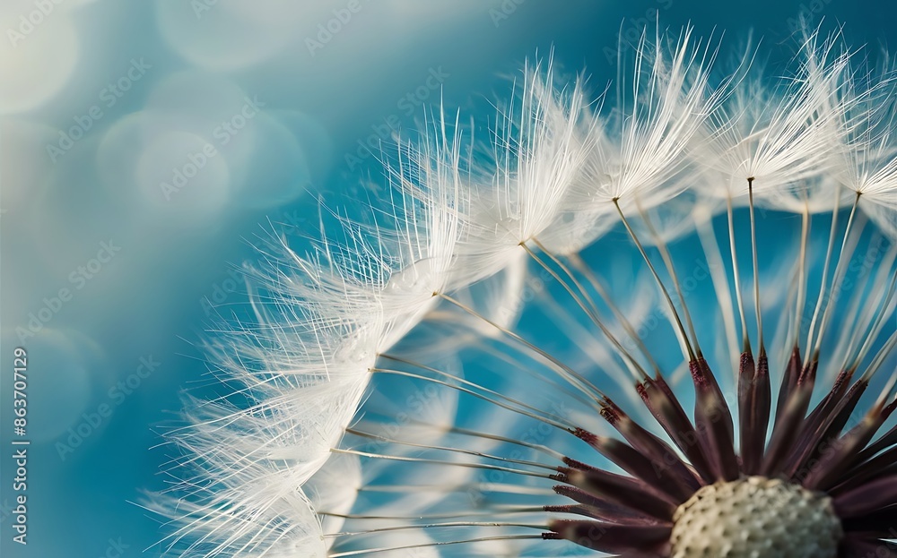 Obraz premium Abstract blurred nature background dandelion seeds parachute. Abstract nature bokeh pattern.