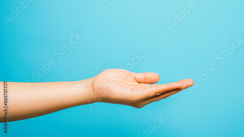 An open palm facing up as if supporting something invisible above on a serene blue background. photo