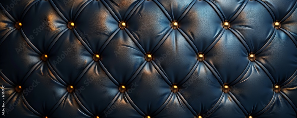 Fototapeta premium Luxurious dark blue tufted leather with golden buttons background