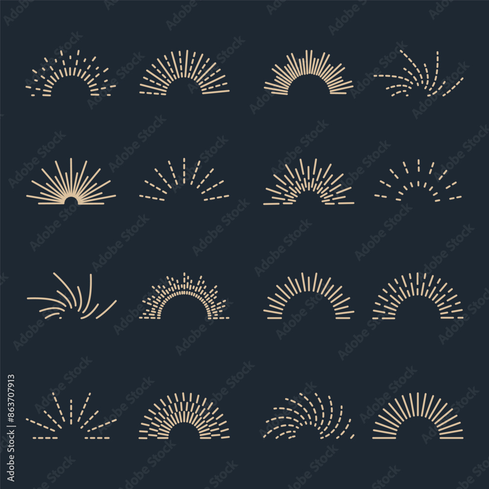 Set round sunburst. Bursting rays sunrise firework. Set round sunburst. Bursting rays sunrise firework.