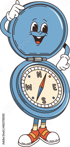 Cartoon compass retro groovy travel character. Isolated vector anthropomorphic navigational tourist tool. Camp and tourism orienteering personage with open lid, playful expression, wearing sneakers