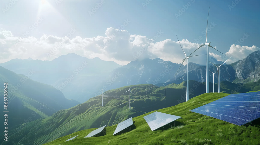 Renewable Energy Landscape with Wind Turbines and Solar Panels. This stunning photograph captures a serene and picturesque landscape featuring renewable energy sources, including wind turbines and sol Renewable Energy Landscape with Wind Turbines and Solar Panels. This stunning photograph captures a serene and picturesque landscape featuring renewable energy sources, including wind turbines and sol