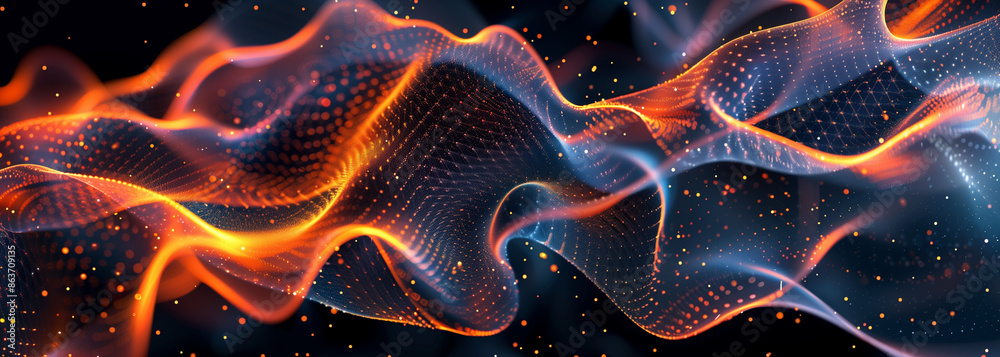 Fototapeta premium Modern Digital Abstract 3D Background. This digital abstract image features a captivating 3D landscape composed of intricate particle waves and dynamic lines.