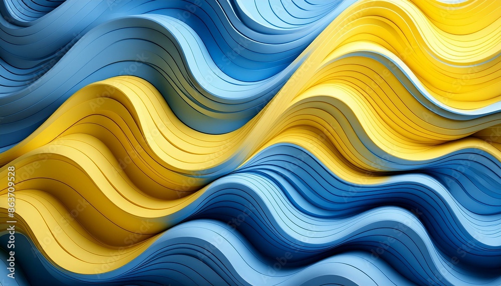 Obraz premium Fluid Harmony: 3D Abstract Wavy Lines in Blue and Yellow