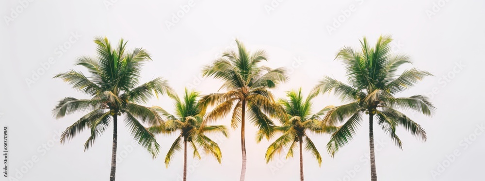 A row of palm trees against a cloudy, white-skied background in this photograph A row of palm trees against a cloudy, white-skied background in this photograph