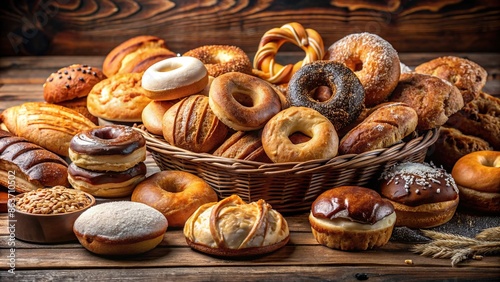 Delicious assortment of freshly baked donuts, bread, and pastries in a dessert bakery , bakery, dessert, donuts, bread