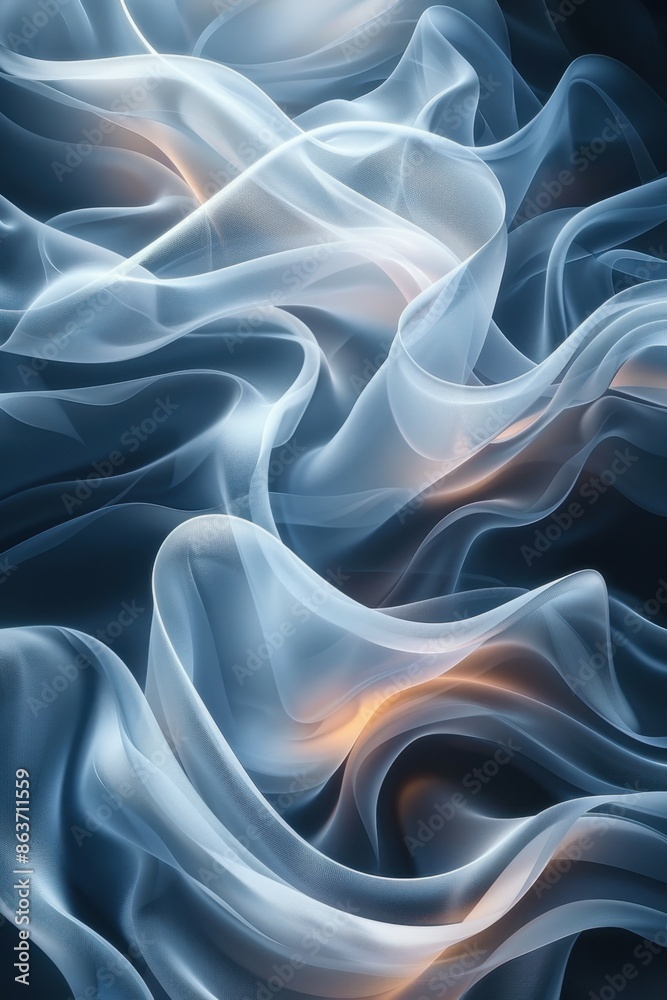 Fototapeta premium Flowing translucent waves of fabric in soft light, creating an ethereal, abstract scene. Subtle hues of blue and orange light dance on the elegant, silky folds, evoking serenity and fluidity.