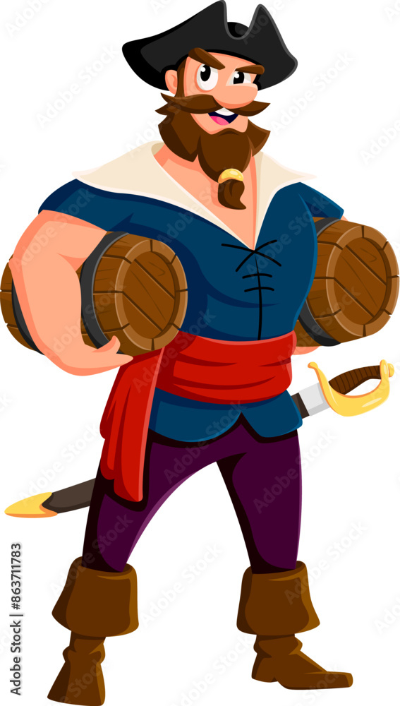 Cartoon sailor and skipper pirate character with rum barrels. Boatswain and captain or filibuster exhibits joyful expression. Isolated vector corsair holding wooden casks, filled with alcohol drink Cartoon sailor and skipper pirate character with rum barrels. Boatswain and captain or filibuster exhibits joyful expression. Isolated vector corsair holding wooden casks, filled with alcohol drink