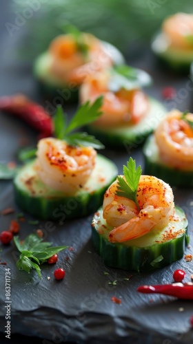 Shrimp appetizers on cucumber slices